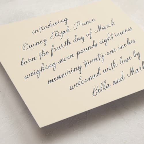 This is a sail birth announcements with standard by Kamala Nahas called minimal script printing on signature in standard
