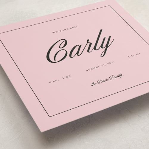 This is a petal birth announcements with standard by Jen Ramsey called baby time printing on signature in standard