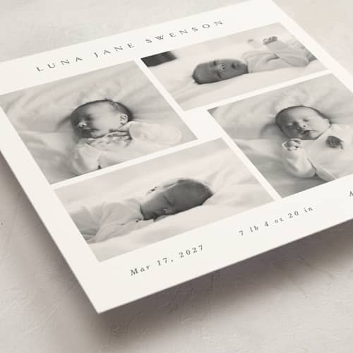 This is a milk birth announcements with standard by Dani Lugato called four photos printing on signature in standard