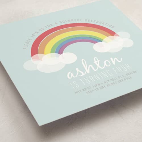 This is a soft teal kids birthday invitations with standard by Angela Garrick called rainbow celebration printing on signature in standard