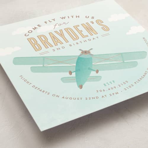 This is a teal kids birthday invitations with standard by Karidy Walker called come fly with us printing on signature in standard