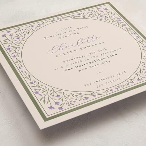 This is a lavender debutante party invitations with standard by Adelyn T. called garden printing on signature in standard