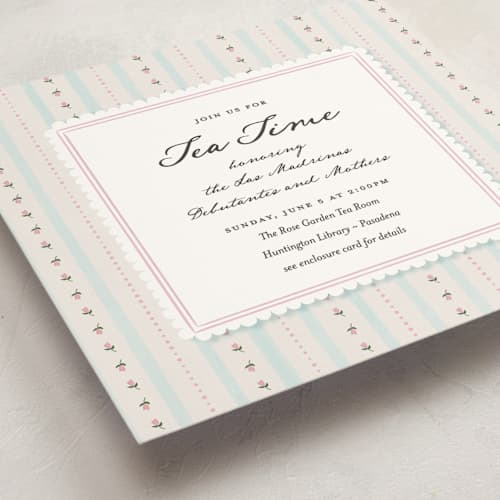 This is a blue raspberry debutante party invitations with standard by Kamala Nahas called tea time printing on signature in standard