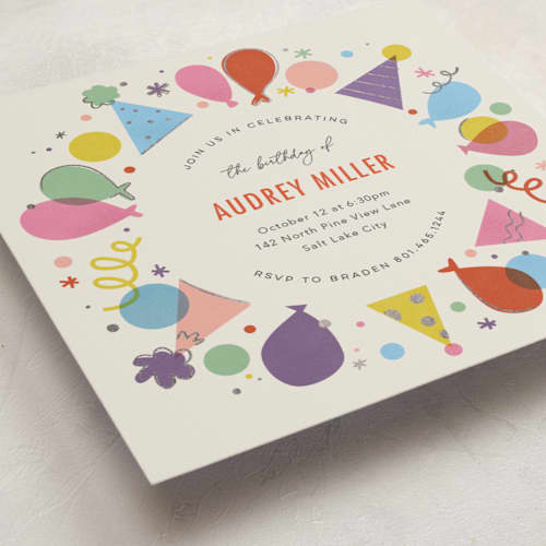 This is a candy holiday party invitations with foil pressed by Stephanie Hawkes called party ring printing on signature in standard