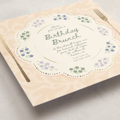 This is a buttercream holiday party invitations with foil pressed by Hannah Williams called birthday brunch table printing on signature in standard