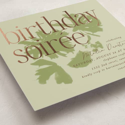 This is a tappenade holiday party invitations with foil pressed by Kamala Nahas called birthday soiree printing on signature in standard