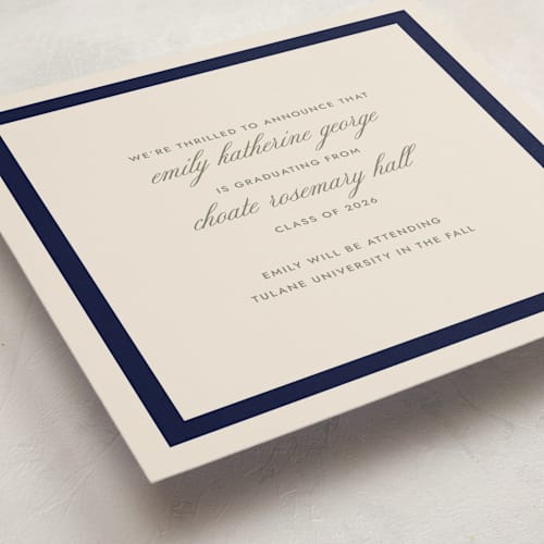 This is a navy graduation announcements with standard by Megan Davis called montauk printing on signature in standard