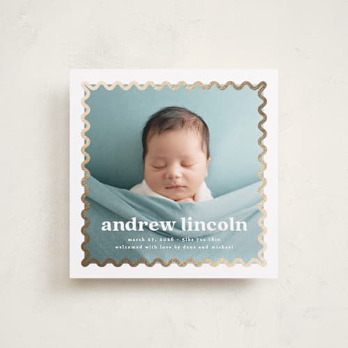 This is a pearl foil stamped birth announcements with foil pressed by Creo Study called glimmering ric-rac printing on recycled smooth signature in standard