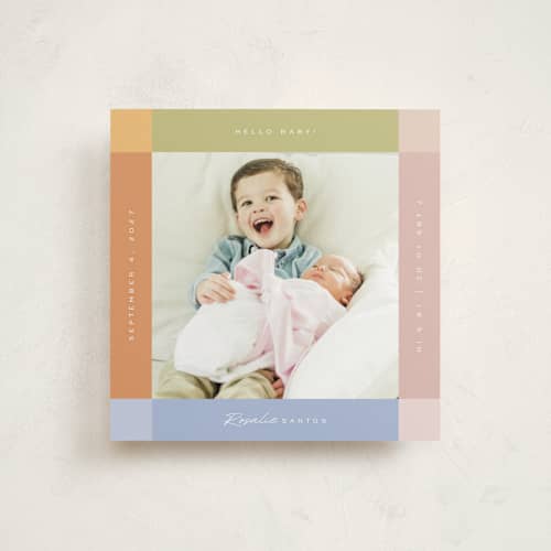 This is a natural rainbow birth announcements with standard by Sierra Lee called soft strips printing on recycled smooth signature in standard