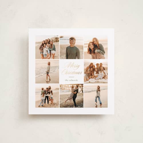 This is a caramel foil pressed holiday cards with foil pressed by Angela Garrick called merry squares printing on recycled smooth signature in square