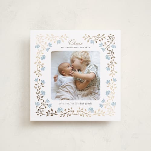 This is a bluebell foil pressed holiday cards with foil pressed by Anna Black called floral cascade printing on recycled smooth signature in square