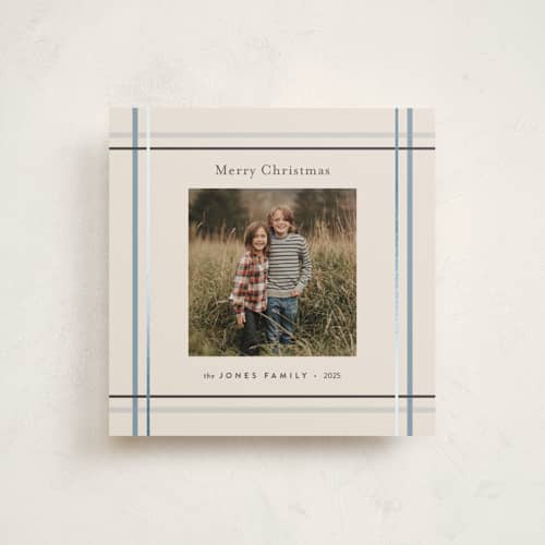 This is a icicle foil pressed holiday cards with foil pressed by Mandy Lee called perfectly plaid printing on recycled smooth signature in square