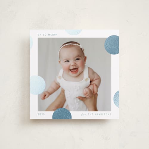 This is a blue jay foil pressed holiday cards with foil pressed by Blustery August called pompom printing on recycled smooth signature in square