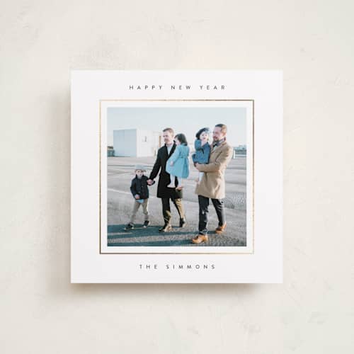 This is a starlight foil pressed holiday cards with foil pressed by Lucrecia Caporale called minimal border printing on recycled smooth signature in square