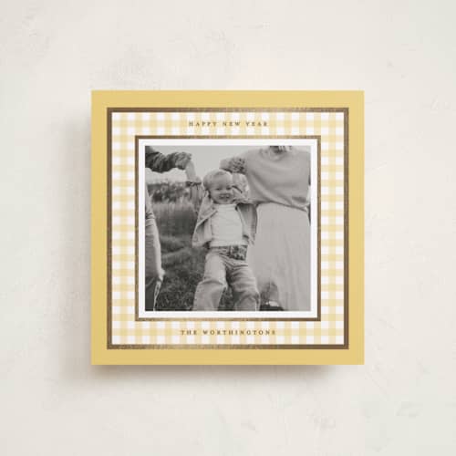 This is a cornucopia foil pressed holiday cards with foil pressed by Lucrecia Caporale called gingham frame printing on recycled smooth signature in square