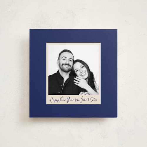 This is a royal blue holiday photo cards with standard by Jeremy called keepsake printing on recycled smooth signature in square