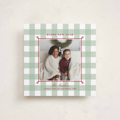This is a holly berry holiday photo cards with standard by Alston Foster called festive gingham plaid printing on recycled smooth signature in square