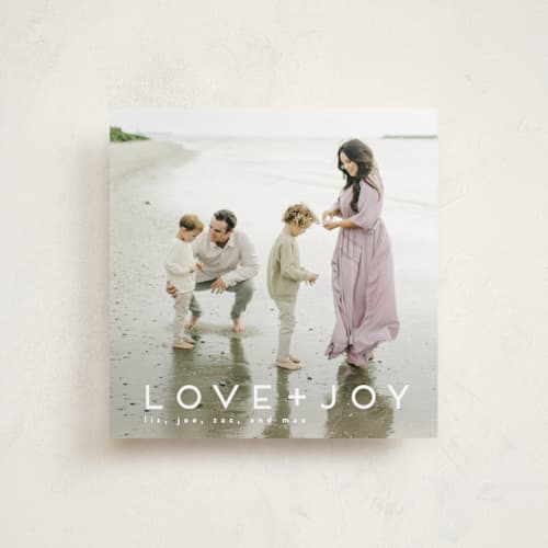 This is a snow holiday photo cards with standard by Kate Ross called love joy printing on recycled smooth signature in square