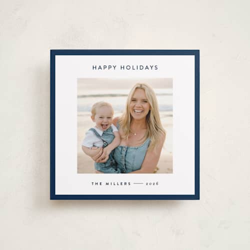 This is a navy holiday photo cards with standard by JoAnn Jinks called square printing on recycled smooth signature in square