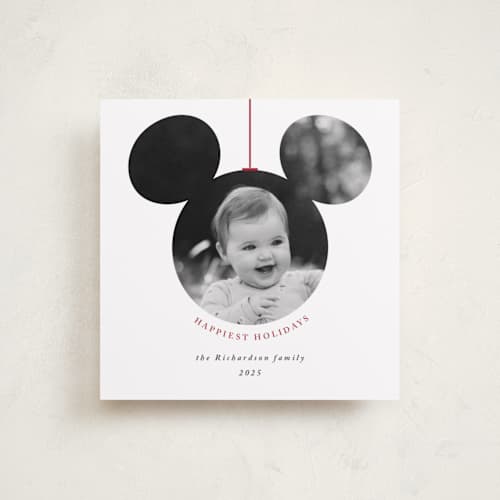 This is a snowflake holiday photo cards with standard by Roopali called mickey bauble printing on recycled smooth signature in square