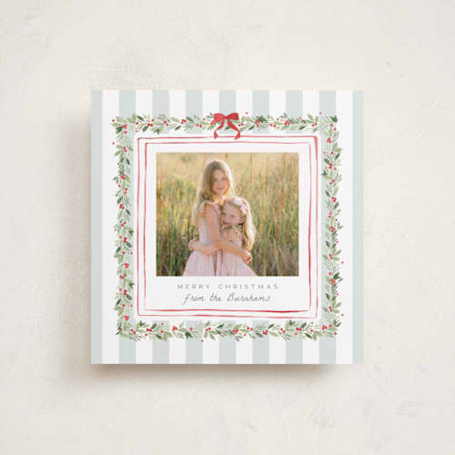 This is a winter mint holiday photo cards with standard by Everett Paper Goods called coastal garland printing on recycled smooth signature in square