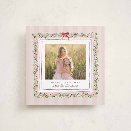 This is a beach rose holiday photo cards with standard by Everett Paper Goods called coastal garland printing on recycled smooth signature in square