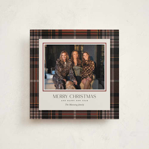 This is a maple leaf holiday photo cards with standard by Yaling Hou Suzuki called tartan traditions printing on recycled smooth signature in square