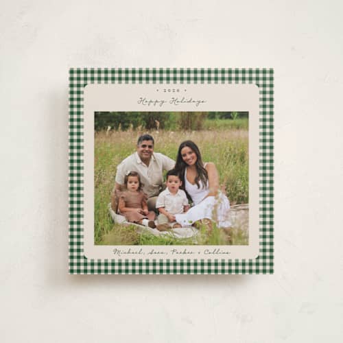 This is a fir holiday photo cards with standard by Emily Betts called gingham vintage printing on recycled smooth signature in square