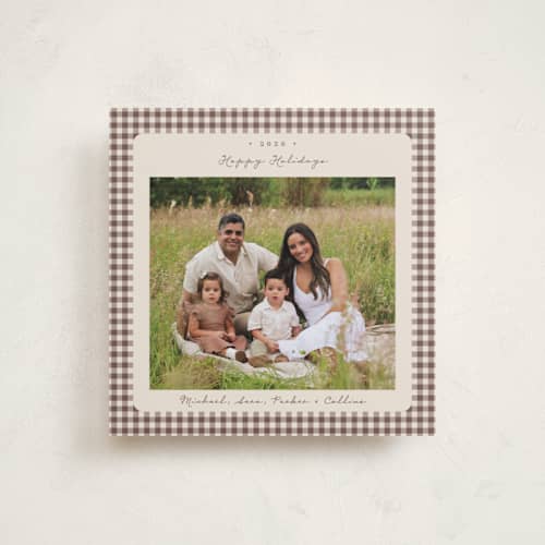 This is a gingerbread latte holiday photo cards with standard by Emily Betts called gingham vintage printing on recycled smooth signature in square