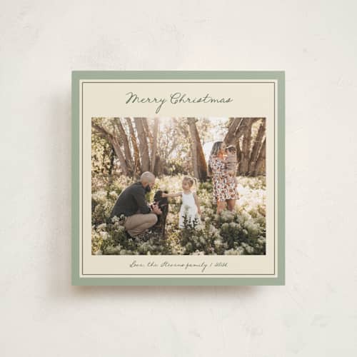 This is a sage holiday photo cards with standard by Lottie Aldarwish called the gentle greeting printing on recycled smooth signature in square