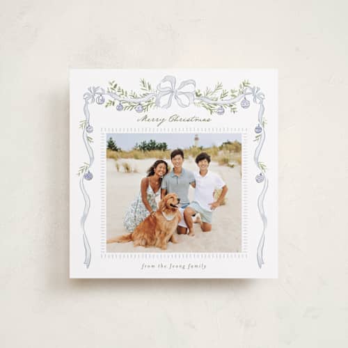 This is a icy blue holiday photo cards with standard by Everett Paper Goods called drape ribbon printing on recycled smooth signature in square