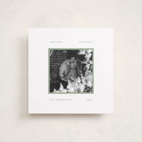 This is a frosted sage holiday photo cards with standard by JoAnn Jinks called modern frame printing on recycled smooth signature in square