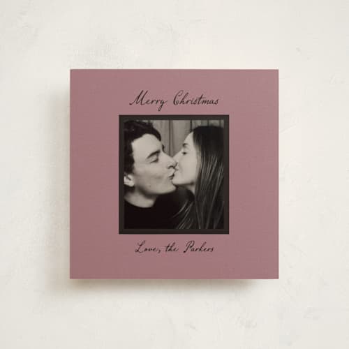This is a mauve holiday photo cards with standard by Ani Somi called kissing booth printing on recycled smooth signature in square