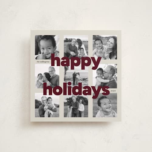 This is a black cherry holiday photo cards with standard by Carrie Moradi called bold grid printing on recycled smooth signature in square