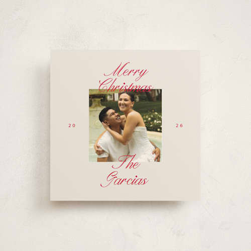 This is a candy cane holiday photo cards with standard by Bethan called script square printing on recycled smooth signature in square