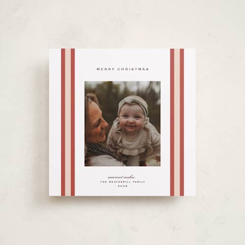 This is a cranberry holiday photo cards with standard by Blustery August called warm holiday wishes printing on recycled smooth signature in square