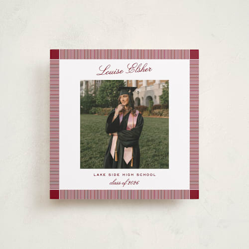 This is a crimson graduation announcements with standard by Pati Cascino called boxy printing on recycled smooth signature in standard