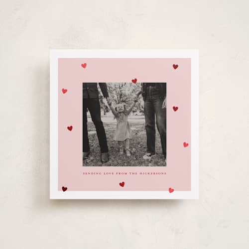 This is a petal foil stamped valentine cards with foil pressed by Angela Garrick called confetti hearts printing on recycled smooth signature in square