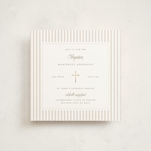 This is a linen baptism and christening announcements with foil pressed by Jelena Vuletic called rite printing on signature in standard
