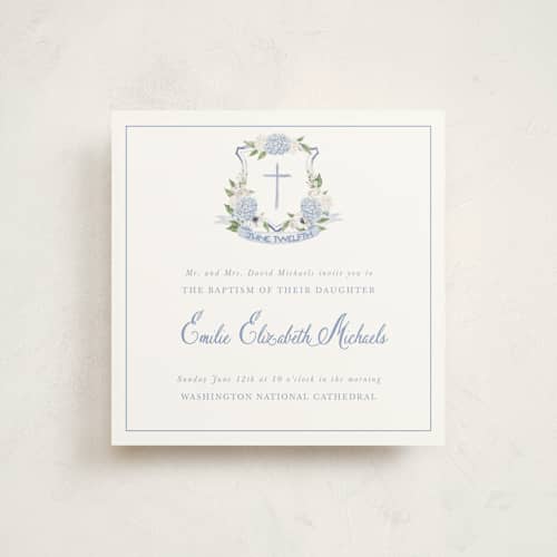 This is a periwinkle baptism and christening announcements with standard by Design Lotus called sweethearts printing on signature in standard