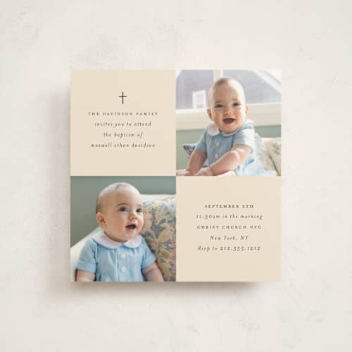 This is a butter baptism and christening announcements with standard by Stacy Maalouf called mosaic printing on signature in standard
