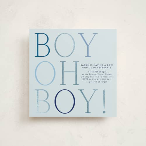This is a azure foil stamped baby shower invitations with foil pressed by Annie Shapiro called boy oh boy! printing on signature in standard