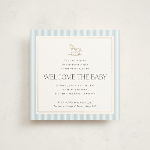 This is a sky blue foil stamped baby shower invitations with foil pressed by Lucrecia Caporale called sweet stripes printing on signature in standard