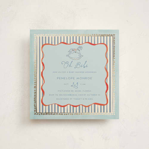 This is a powder foil stamped baby shower invitations with foil pressed by Vera Lim called vintage horse printing on signature in standard