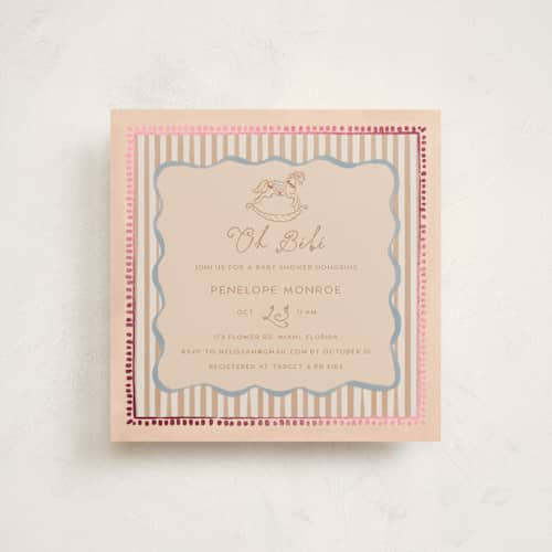 This is a ballet foil stamped baby shower invitations with foil pressed by Vera Lim called vintage horse printing on signature in standard