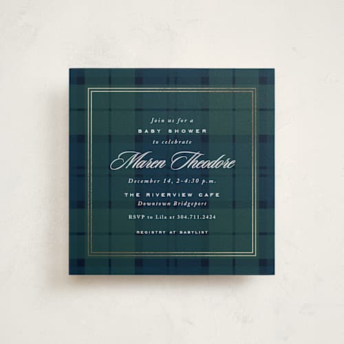 This is a tartan foil stamped baby shower invitations with foil pressed by Lea Delaveris called prep printing on signature in standard