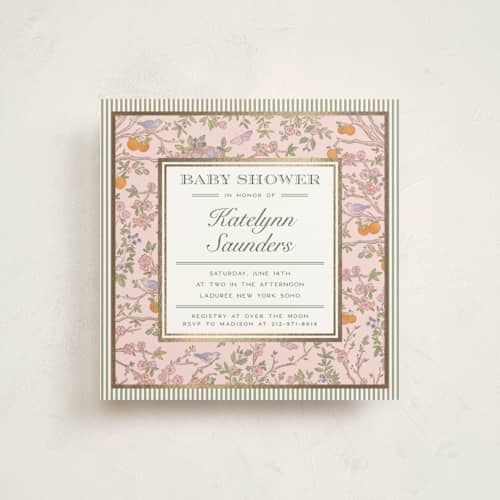 This is a petal foil stamped baby shower invitations with foil pressed by Jenna Holcomb called bird and bough printing on signature in standard