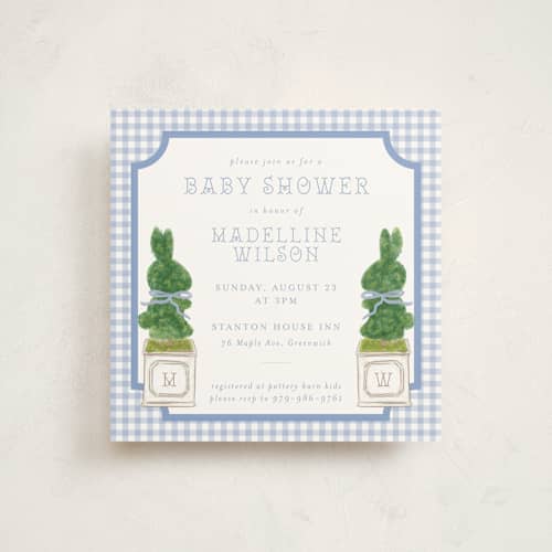 This is a periwinkle baby shower invitations with standard by Jenna Holcomb called topiary printing on signature in standard