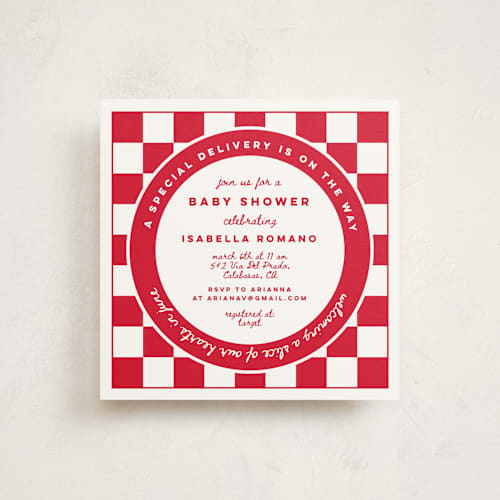 This is a marinara baby shower invitations with standard by Madhvi Samimi called special delivery pizza printing on signature in standard