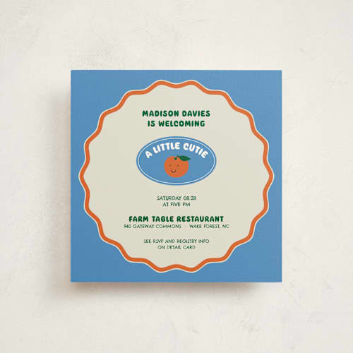 This is a aqua baby shower invitations with standard by Studio Suku called little cutie sticker printing on signature in standard